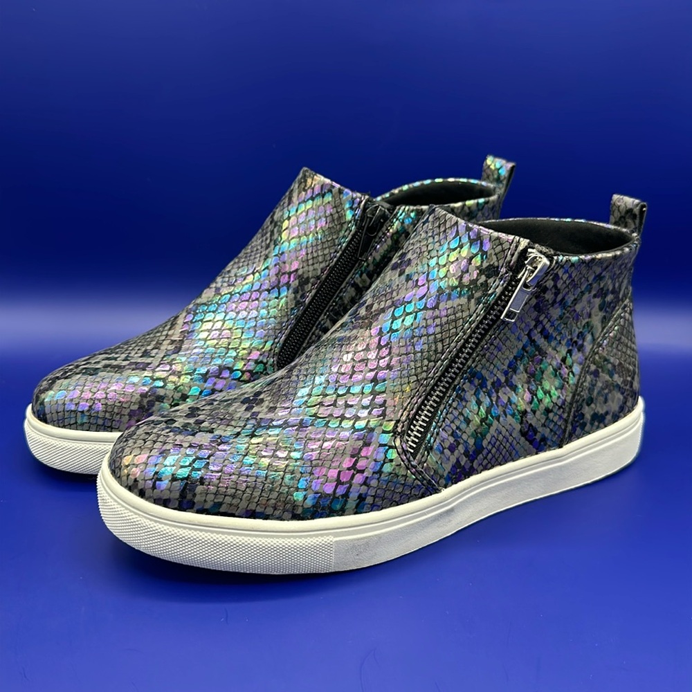 Steve Madden JREGGIE Black Gray Snakeskin Print Metallic HighTop Shoes Size 5